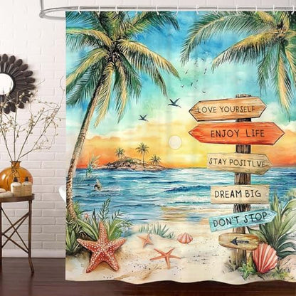 Beach Shower Curtain for Bathroom,Tropical Palm Tree Coastal Nautical Ocean Quotes Inspirational, Sunset Scenery Shower Curtain Set with Hooks,60Wx70H