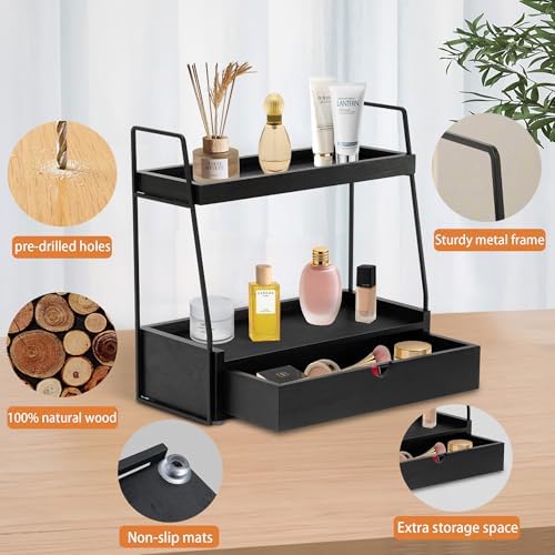 2-Tier Bathroom Countertop Organizer with Drawer, Wood Vanity Shelf Black