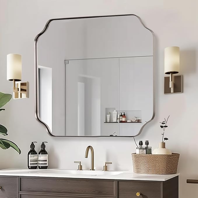 30"x30" Brushed Nickel Square Mirror, Silver Bathroom Mirror for Over Sink, Modern Scallop Mirror in Anti-Rust Stainless Steel Frame, Unique Notched Corner Design, Ideal for Home Remodel
