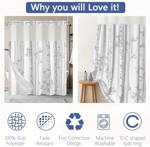 No Hook Shower Curtain with Snap in Liner 71x74 Inch