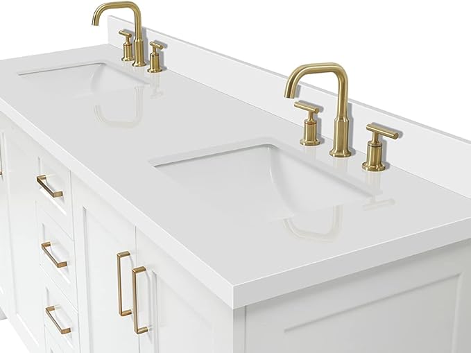 ARIEL Taylor 72-inch Bathroom Vanity with Sink,Solid Wood, 1.5-inch Pure White Quartz Countertop & Backsplash, Double Rectangular Porcelain Sink, 4 Soft Closing Doors, 6 Dovetail Drawers, White