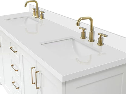 ARIEL Taylor 72-inch Bathroom Vanity with Sink,Solid Wood, 1.5-inch Pure White Quartz Countertop & Backsplash, Double Rectangular Porcelain Sink, 4 Soft Closing Doors, 6 Dovetail Drawers, White