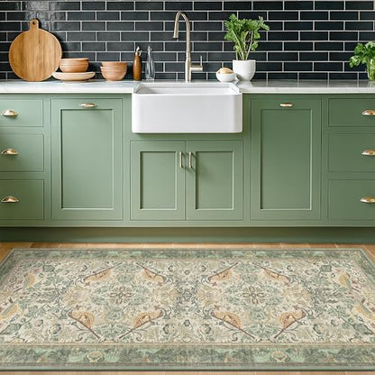 Hazo Haus Boho Long Bathroom Runner Rug 2x6 - Floral & Bird Runner Rug for Kitchen Floor, Hallway, Laundry Room, Bedroom, Entrance, Sage Green Vintage Decor, Washable Non Slip Low Pile - Light Green