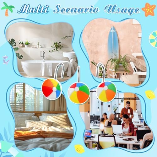 Thyle 12 Pcs Summer Beach Shower Curtain Hooks - Colorful Beach Ball Resin Decorative Curtain Rings Rust Proof Stainless Steel for Coastal, Summer Hawaiian Tropical Bathroom Bedroom Party Decor