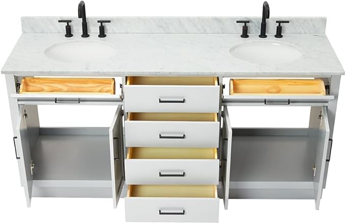 ARIEL Hepburn 72-inch Bathroom Vanity with Sink,Solid Wood, 0.75-inch Italian Carrara Marble Countertop & Backsplash, Double Oval Porcelain Sink, 4 Soft Closing Doors, 6 Dovetail Drawers, Grey