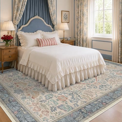 Soft Red and Blue 8x10 Living Room Rug, Oriental Non-Slip Area Rug for Dining Room Under Table, Natural Washable Low Pile Bedroom Carpet, Botanical & Bird Pattern Home Decor