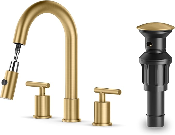 Brushed Gold Pull Down Bathroom Faucet with Pop-up Drain, 8 inch Widespread Bathroom Faucet 3 Hole with Pull Down Sprayer 2 Modes. 8'' Brushed Gold Bathroom Faucet with Supply Lines