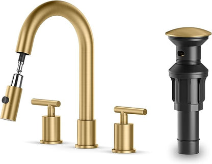 Brushed Gold Pull Down Bathroom Faucet with Pop-up Drain, 8 inch Widespread Bathroom Faucet 3 Hole with Pull Down Sprayer 2 Modes. 8'' Brushed Gold Bathroom Faucet with Supply Lines