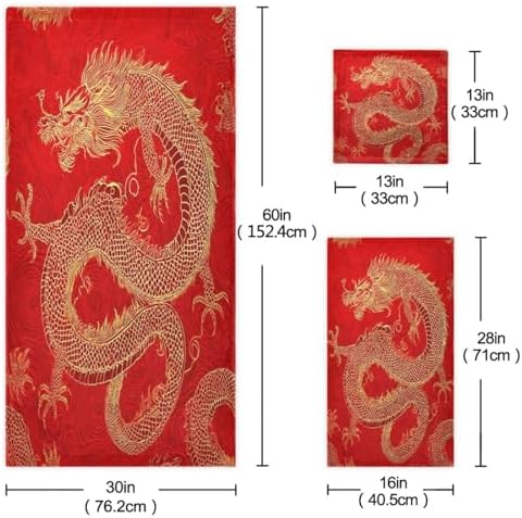 Naanle Magic Cool Dragon Asian Fire Red Soft Luxury Decorative 3 Pieces Towels Set, 1 Bath Towel+1 Hand Towel+1 Washcloth, Multipurpose for Bathroom, Hotel, Gym, Spa and Kitchen