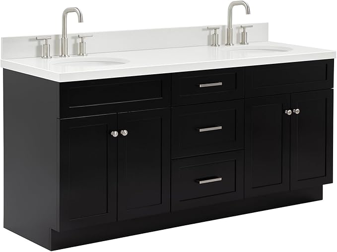 ARIEL Hamlet 72-inch Bathroom Vanity with Sink,Solid Wood, 1.5-inch Pure White Quartz Countertop & Backsplash, Double Oval Porcelain Sink, 4 Soft Closing Doors, 3 Dovetail Drawers, Black