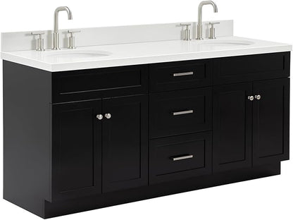 ARIEL Hamlet 72-inch Bathroom Vanity with Sink,Solid Wood, 1.5-inch Pure White Quartz Countertop & Backsplash, Double Oval Porcelain Sink, 4 Soft Closing Doors, 3 Dovetail Drawers, Black