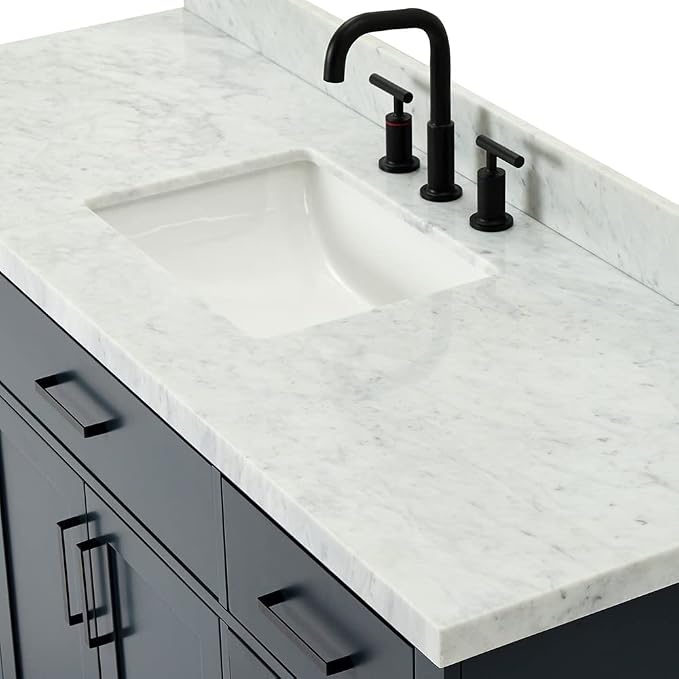 ARIEL Hepburn 60-inch Bathroom Vanity with Sink,Solid Wood, 1.5-inch Italian Carrara Marble Countertop, Single Rectangular Porcelain Sink, 2 Soft Closing Doors, 9 Dovetail Drawers, Midnight Blue