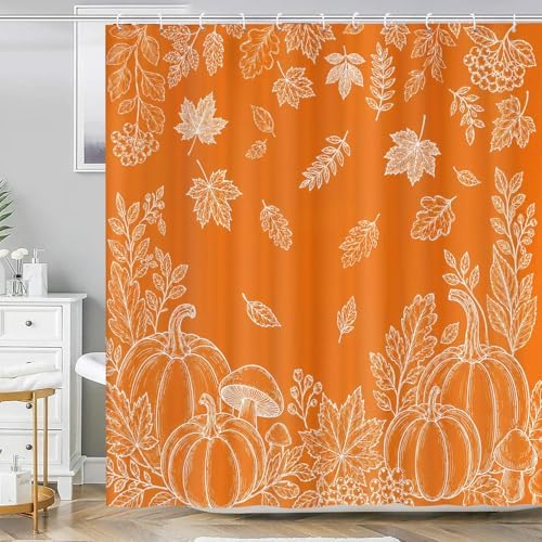 Fall Shower Curtain, Orange Pumpkin Maple Leaves Botanical Line Art Bathroom Curtain, Autumn Harvest Farmhouse Waterproof Polyester Fabric Shower Curtain with Hooks, 72x72 Inch