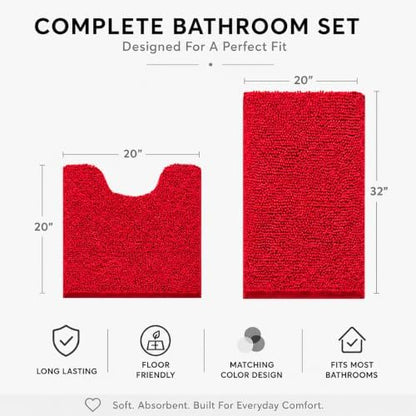 Bathroom Rugs Sets 2 Piece,Super Absorbent Soft,Thick,Machine Washable Chenille Bath Mat,Non Slip Toilet Floor Rug,Bath Mats for Bathroom,20x32 Plus 20x20 U Shape,Red