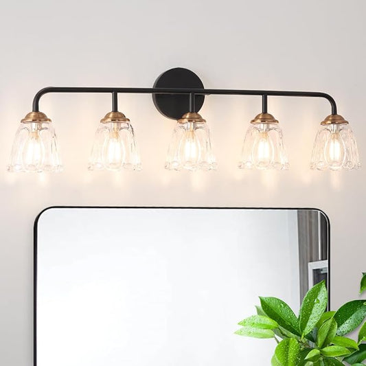 Vintage Vanity Lighting for Bathroom, Black and Gold Bathroom Vanity Light Fixtures with Clear Glass Shade, Elegant 5-Light Lighting Fixtures Over Mirror, Wall Sconce Lighting for Bedroom