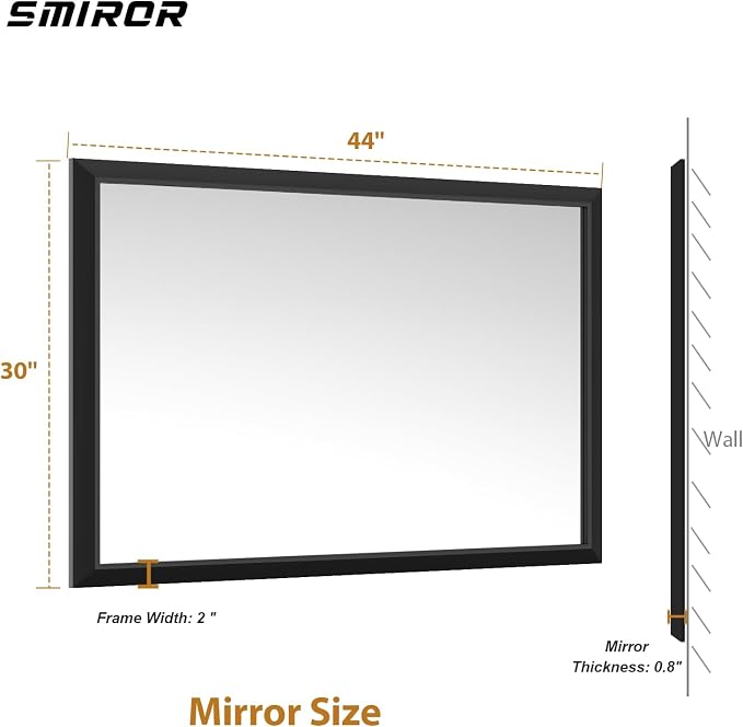 SMIROR 44x30 Matte Black Bathroom Vanity Mirror for Over Sink | Metal Wide Frame, Rectangle, Right- Angle Corner, Anti-Rust, Horizontally or Vertically Wall- Mounted for Home Remodel