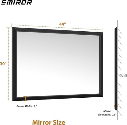 SMIROR 44x30 Matte Black Bathroom Vanity Mirror for Over Sink | Metal Wide Frame, Rectangle, Right- Angle Corner, Anti-Rust, Horizontally or Vertically Wall- Mounted for Home Remodel