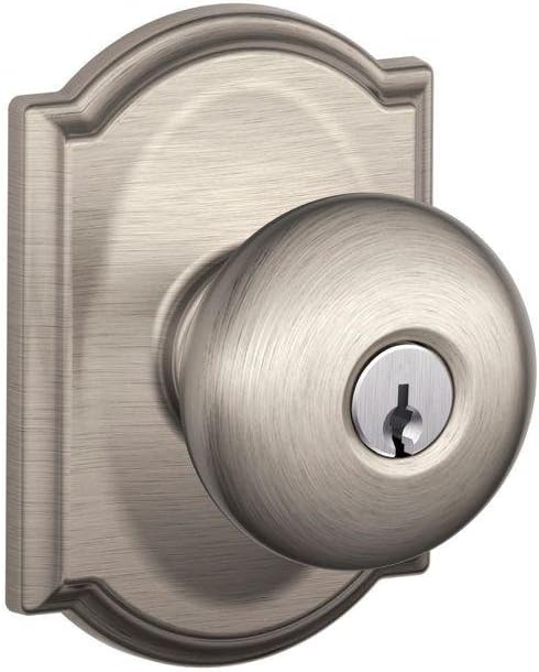 SCHLAGE F51A PLY 619 CAM Plymouth Knob with Camelot Trim Keyed Entry Lock, Satin Nickel