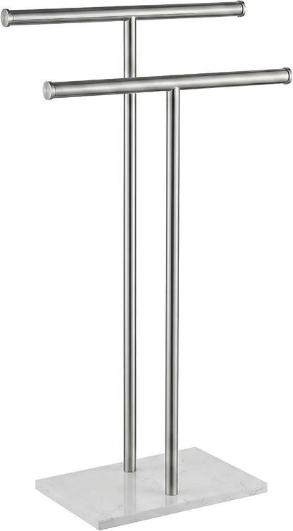 Double T Free Standing Towel Rack, Telescoping Marble Towel Stand | Expandable dual T-bar towel holder for bathroom with heavy marble base, adjustable height rustproof floor stand for pool