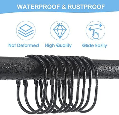 24 Pcs Shower Curtain Rings, Goowin Shower Curtain Hooks, Oval Snap Shower Rings for Curtain, Metal Black Shower Curtain Rings Rust Proof, Glide Smoothly Shower Hooks for Shower Curtain Rod (Black)
