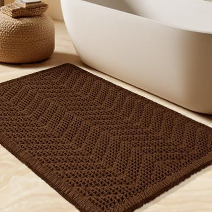 Waffle Bath Mat, Boho Woven Modern Bath Rug Absorbent Non Slip, Ultra Soft Bathroom Mats, Machine Washable Knit Bath Rugs with Herringbones for Bathroom, Bedroom, Kitchen, Shower, Tub, 36"x24", Brown