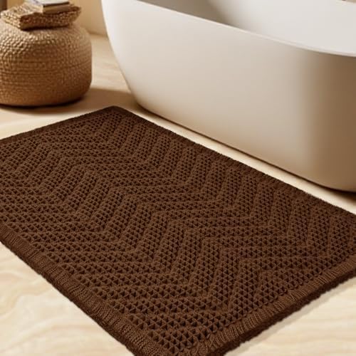 Waffle Bath Mat, Boho Woven Modern Bath Rug Absorbent Non Slip, Ultra Soft Bathroom Mats, Machine Washable Knit Bath Rugs with Herringbones for Bathroom, Bedroom, Kitchen, Shower, Tub, 32"x20", Brown