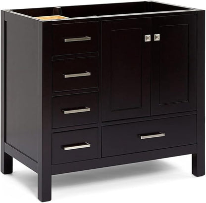 ARIEL Cambridge 36-inch Bathroom Vanity Base Cabinet,Solid Wood, 2 Soft Closing Doors, 5 Dovetail Drawers, Espresso