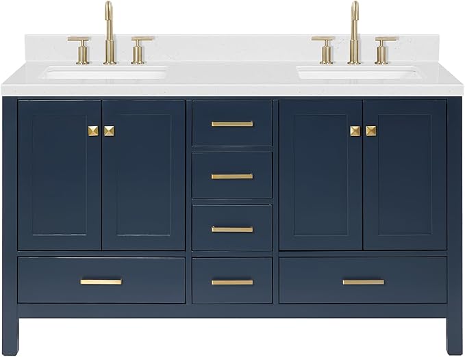 ARIEL Cambridge 60-inch Bathroom Vanity with Sink,Solid Wood, 1.5-inch Carrara White Quartz Countertop, Double Rectangular Porcelain Sink, 4 Soft Closing Doors, 6 Dovetail Drawers, Midnight Blue