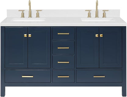 ARIEL Cambridge 60-inch Bathroom Vanity with Sink,Solid Wood, 1.5-inch Carrara White Quartz Countertop, Double Rectangular Porcelain Sink, 4 Soft Closing Doors, 6 Dovetail Drawers, Midnight Blue