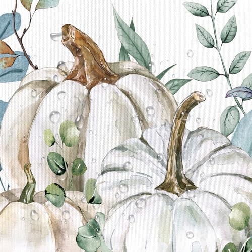 Pumpkin Fall Shower Curtains for Bathroom, Eucalyptus Leaves Watercolor Pumpkins Shower Curtain Sets, Autumn Botanical Seasonal Bathroom Decor Bathtub Waterproof Polyester Fabric with Hooks, 72x72