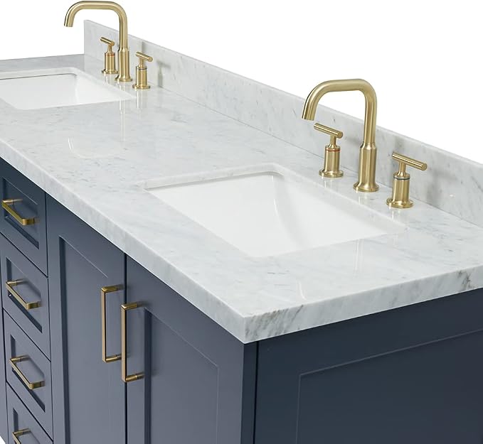 ARIEL Taylor 72-inch Bathroom Vanity with Sink,Solid Wood, 1.5-inch Italian Carrara Marble Countertop, Double Rectangular Porcelain Sink, 4 Soft Closing Doors, 6 Dovetail Drawers, Midnight Blue