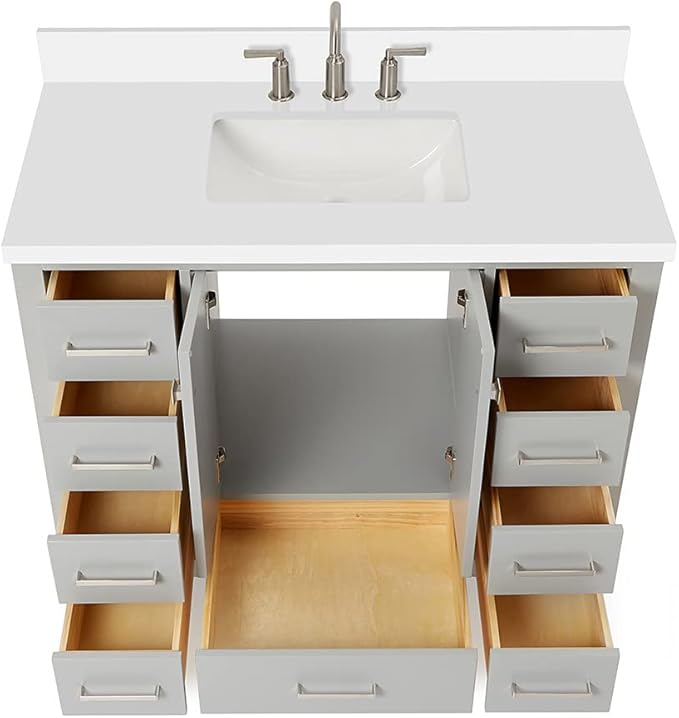 ARIEL Cambridge 42-inch Bathroom Vanity with Sink,Solid Wood, 1.5-inch Pure White Quartz Countertop & Backsplash, Single Rectangular Porcelain Sink, 2 Soft Closing Doors, 9 Dovetail Drawers, Grey
