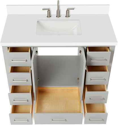ARIEL Cambridge 42-inch Bathroom Vanity with Sink,Solid Wood, 1.5-inch Pure White Quartz Countertop & Backsplash, Single Rectangular Porcelain Sink, 2 Soft Closing Doors, 9 Dovetail Drawers, Grey