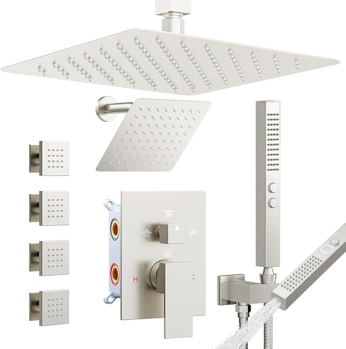 Rainfall Shower System with 4 Body Spray Jets, STARBATH 4 Way 12 + 6"Rainfall Shower Head with Handheld Combo, Shower Jets System High Pressure Shower Faucet Set, Brushed Nickel