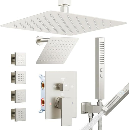Rainfall Shower System with 4 Body Spray Jets, STARBATH 4 Way 12 + 6"Rainfall Shower Head with Handheld Combo, Shower Jets System High Pressure Shower Faucet Set, Brushed Nickel