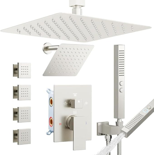 Rainfall Shower System with 4 Body Spray Jets, STARBATH 4 Way 12 + 6"Rainfall Shower Head with Handheld Combo, Shower Jets System High Pressure Shower Faucet Set, Brushed Nickel