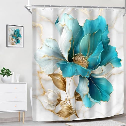 Riyidecor Teal Gold Marble Floral Shower Curtain for Bathroom Decor 60Wx72H Modern Turquoise Ombre Flower Abstract Luxury Minimalist Art Printed Fabric Polyester Waterproof 12 Pack Plastic Hooks