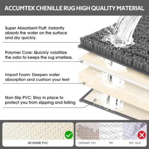 ACCUMTEK Upgrade Luxury 2 Piece Dark Gray Toilet Bathroom Rug Mat 60"x20"+32"x20", Ultra Soft Thick Absorbent Bath Mats, Non Slip Chenille Toilet Mat for Bathroom, Bedroom, Kitchen, Shower, Tub