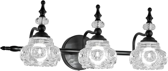 Vintage Bathroom Vanity Light Fixture, 3 Lights Bathroom Lighting Painted Black Surface with Thick Crystal Glass Shade, Vintage Vanity Light for Bedroom Living Room