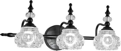 Vintage Bathroom Vanity Light Fixture, 3 Lights Bathroom Lighting Painted Black Surface with Thick Crystal Glass Shade, Vintage Vanity Light for Bedroom Living Room