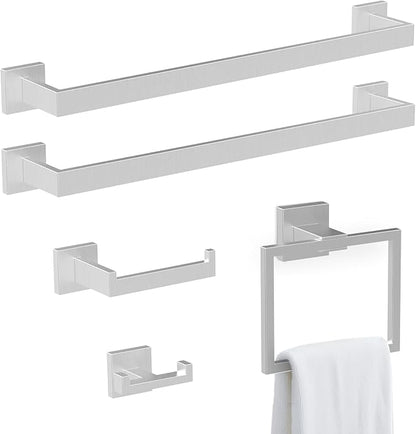 BOZWELL 5 Piece Brushed Nickel Stainless Steel Towel Bar Set, 23.6 inch Square Bathroom Hardware Accessories Set,Wall Mounted Towel Racks for Bathroom
