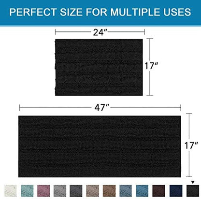 H.VERSAILTEX 2 Piece Bathroom Set - Super Absorbent Chenille Striped Bath Mats, Non Skid, Machine Washable - Jet Black, 47 x 17 Plus 17 x 24 Inches