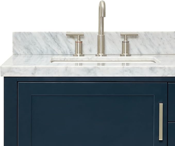 ARIEL Bayhill 72-inch Bathroom Vanity with Sink,Solid Wood, 1.5-inch Italian Carrara Marble Countertop, Double Rectangular Porcelain Sink, 2 Soft Closing Doors, 3 Dovetail Drawers, Midnight Blue