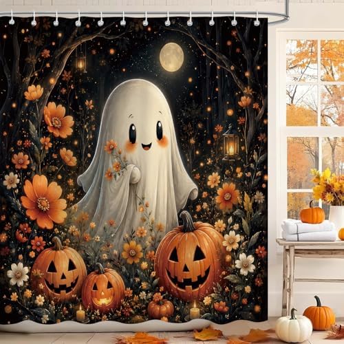 Halloween Shower Curtain, Funny Spooky Pumpkin Floral Shower Curtains Set for Bathroom, Waterproof Polyester Bathroom Decor Accessories with Hooks, 72x72 Inch