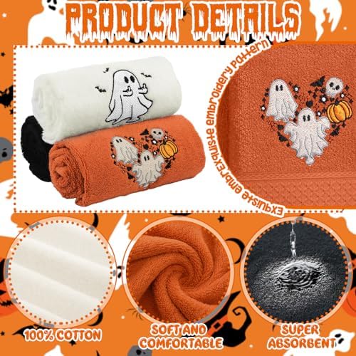 FuWeave 3 Pcs Black Orange Halloween Ghost Hand Towels for Bathroom