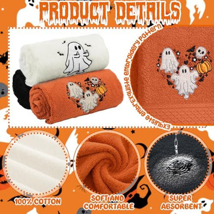 FuWeave 3 Pcs Black Orange Halloween Ghost Hand Towels for Bathroom
