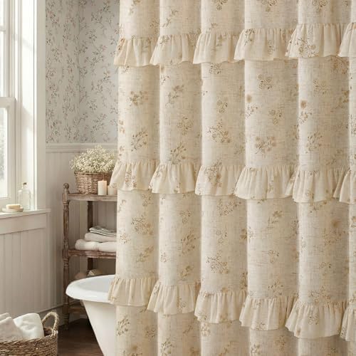 Beige Floral Farmhouse French Country Ruffle Linen Shower Curtain 72Wx72H