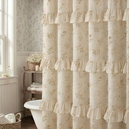 Beige Floral Farmhouse French Country Ruffle Linen Shower Curtain 72Wx72H