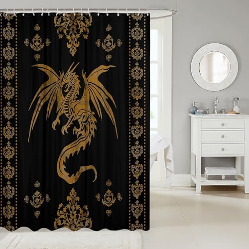 Feelyou Dragon Shower Curtain Kids Boys Teens Gothic Damask Paisley Floral Bathroom Waterproof Accessories with 12 Hooks 72x72 Inches Women Bohemian Exotic Animal Theme Room Decor,Gold Black