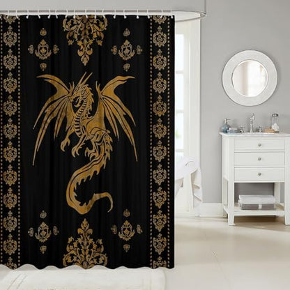 Feelyou Dragon Shower Curtain Kids Boys Teens Gothic Damask Paisley Floral Bathroom Waterproof Accessories with 12 Hooks 72x72 Inches Women Bohemian Exotic Animal Theme Room Decor,Gold Black